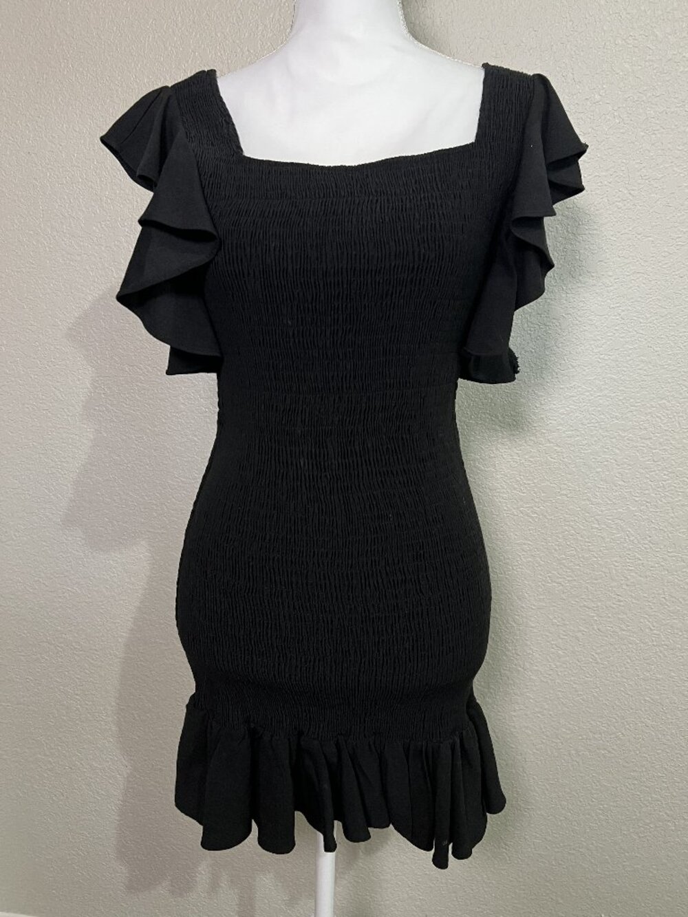 Impeccable Pig Black Ruffled Smocked Fit & Flare Dress Small